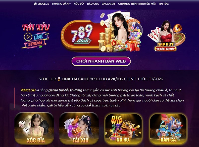 Giao diện trang chủ 789Club trong lần đầu truy cập – bố cục trực quan, phân loại game rõ ràng và tốc độ tải nhanh trên mọi thiết bị